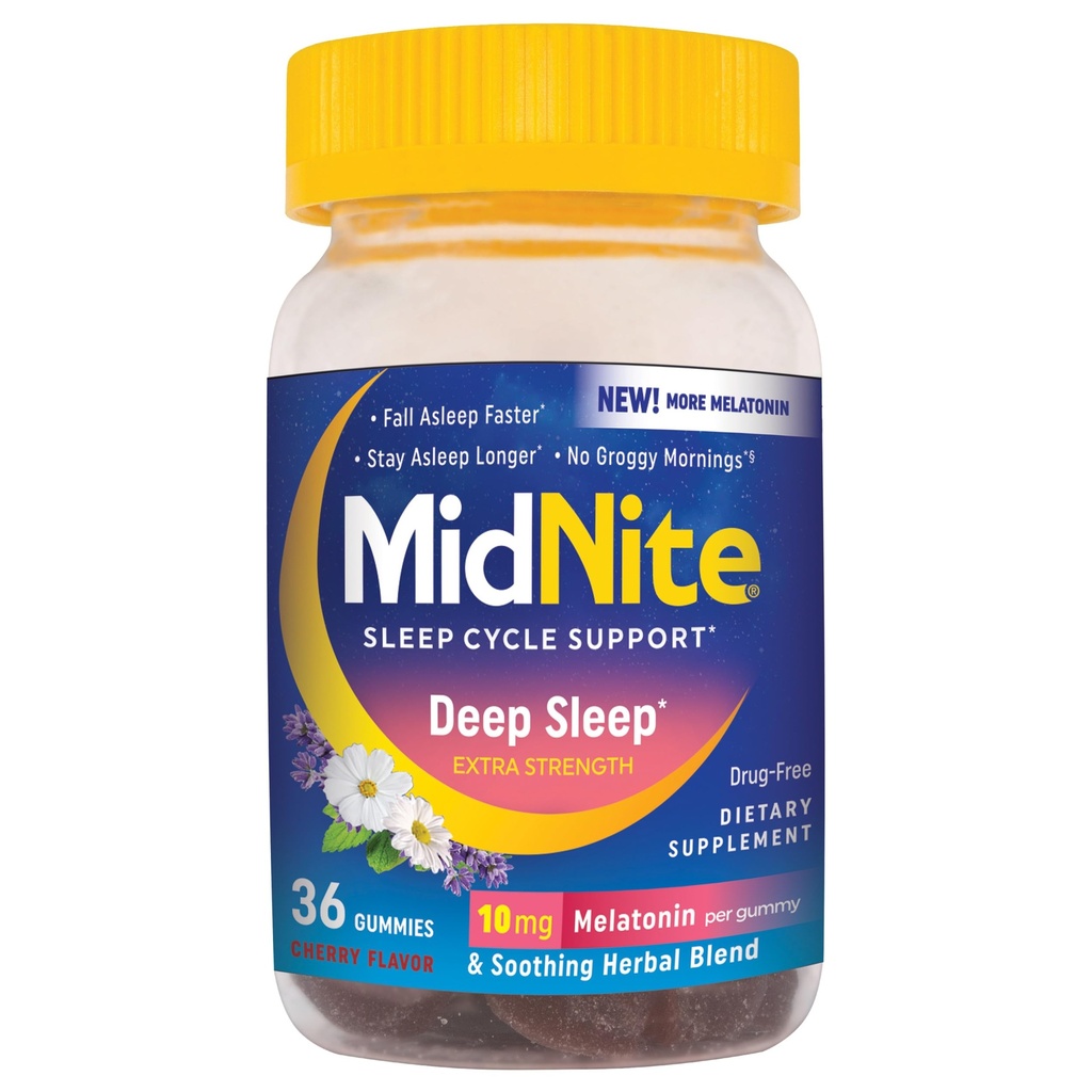 MidNite Deep Sleep Dodatkowa siła, 10 mg Melatonin Sleep Aid, Non-habet Forming, Ziołowy suplement diety dla dorosłych, bez narkotyków, Bez glutenu, Bezmleczny, Wegetariański przyjazny, 36 Gummies
