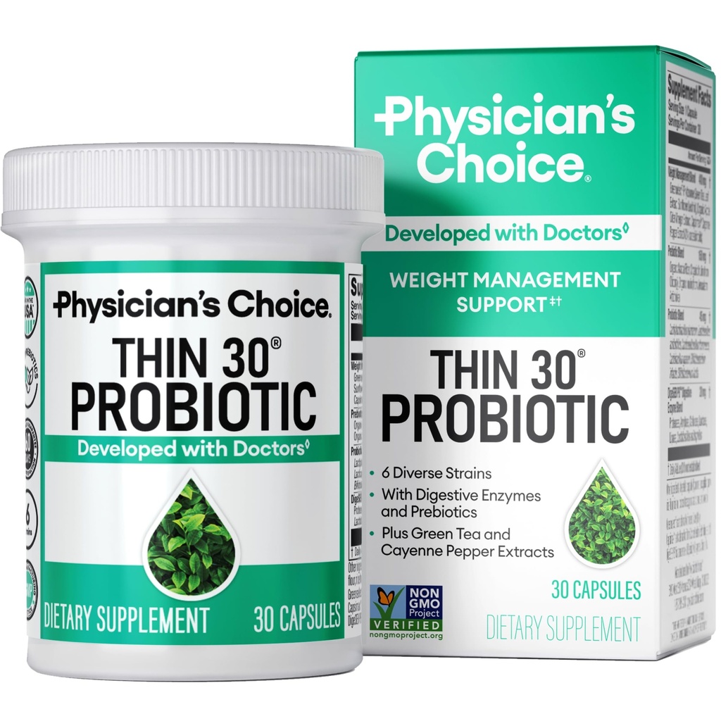 Probiotyki CHOICE lekarza do zarządzania wagą i wzdęcia - 6 struny probiotyczne - Prebiotyki - Kluczowy składnik Cayenne - Wsparcie Gut Health - Zarządzanie wagą dla kobiet i mężczyzn - Zielona herbata - 30 CT