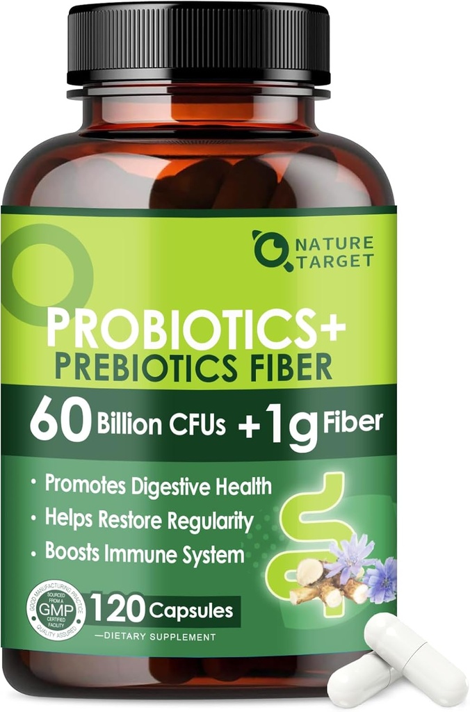 Probiotics for Women & Men Digestive Health with Prebiotic Fiber - Fiber Supplement with 60 Billion Probiotic for Regularity & Gut Cleanse - Supports Occasional Constipation - 120 Veggie Capsules