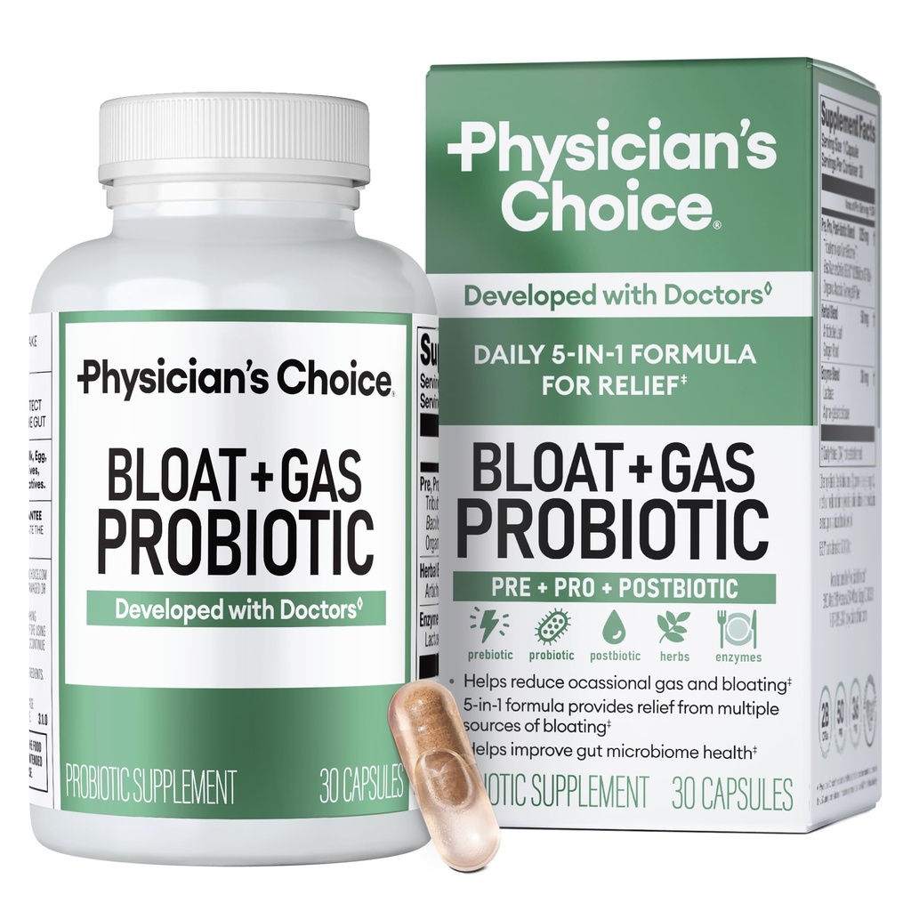 CHOICE Bloat & Gas Probiotic 5- in-1 Proactive Support + Daily Relief - Trawienie & Gut Health- Herbals, Digestive Enzymes, Post & Prebiotyki - Relief gazowy dla dorosłych - Kobiety & Mężczyźni - 30ct