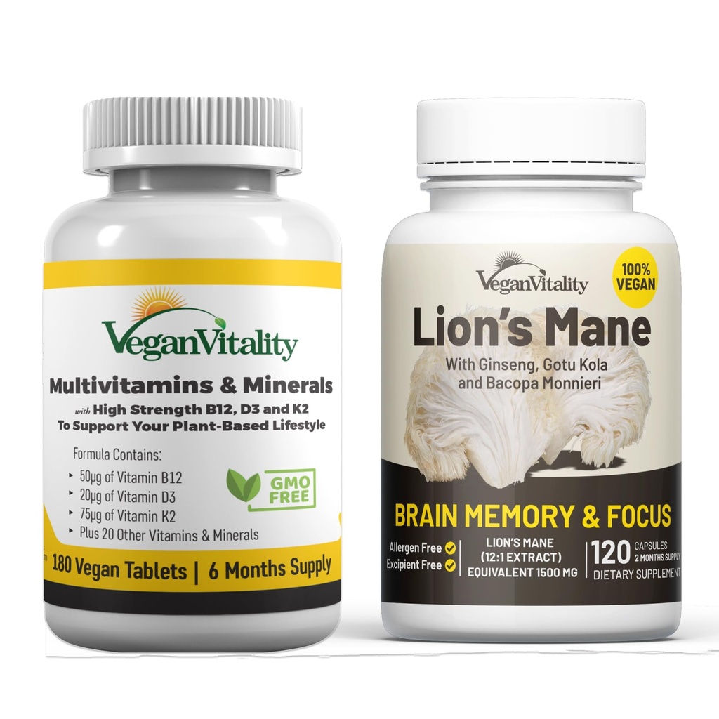Vegan Vitality Brain Nutrition Bundle - Lions Mane Nootropic Kapsułki i Vegan Multivitamin. Wysoka wytrzymałość Plant- Opierając się na suplementach pamięci i ostrości i ogólnego zdrowia dla wegańczyków i wegetarian