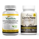 Vegan Vitality Brain Nutrition Bundle - Lions Mane Nootropic Kapsułki i Vegan Multivitamin. Wysoka wytrzymałość Plant- Opierając się na suplementach pamięci i ostrości i ogólnego zdrowia dla wegańczyków i wegetarian