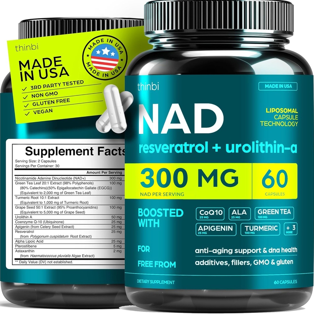 Suplement NAD 300Mg Dodatkowa siła NMN Alternatywna liposomal + Zielona herbata dla kobiet i mężczyzn w / Urolithina A, Resveratrol, CoQ10, Kwas lipowy alfa