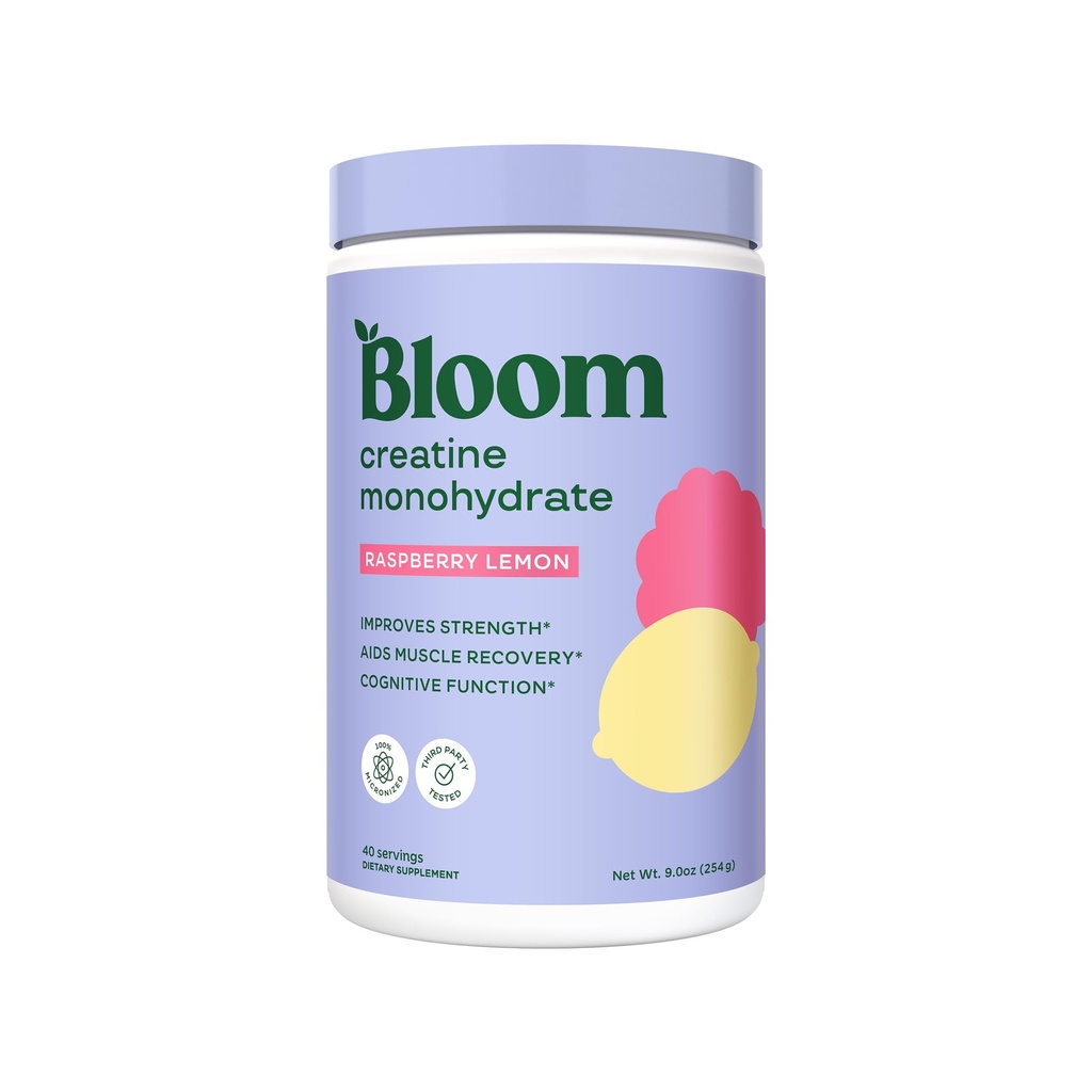 Bloom Nutrition Kreator jednowodny proszek, 5g Zmikronizowane kreatura na serwowanie, Wspiera odzysk mięśni, Siła, Wytrzymałość, Przed lub po treningu, Gluten Free, Nie GMO, Malina Lemon, 40 SVG, 9 oz