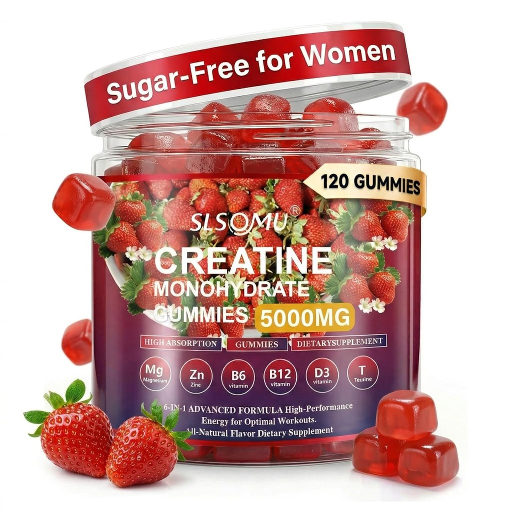 Gummie dla kobiet, 5000mg przed treningiem siły mięśniowej i wsparcia energetycznego, 0 Sugar Creatine Gummy z L- Tauryne, Cynk, B12 B6, Strawberry Flavor, Wegan - 120 Gummies