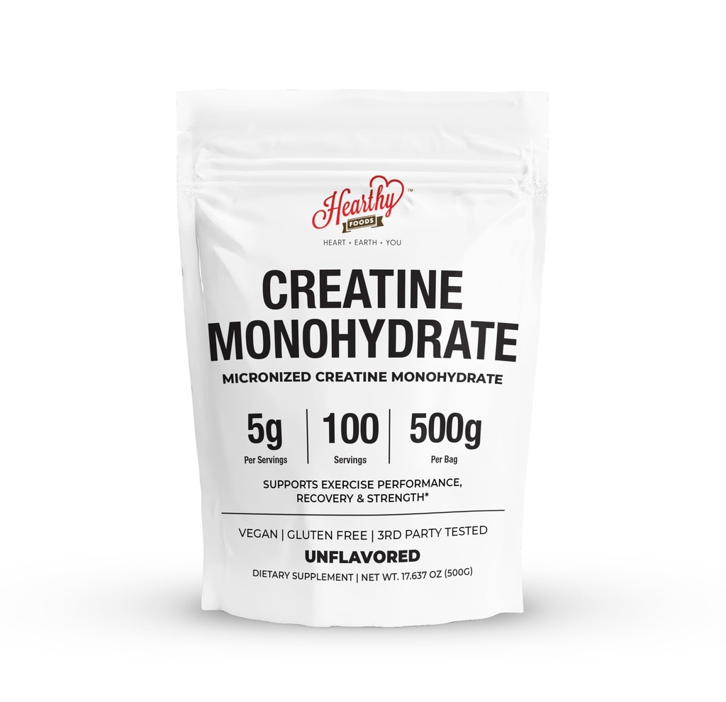 HEARTHY FOODS Kreatyna jednowodny proszek mikronizowany 500G - 100 Służenie, 5000mg na Podawanie (5g) - dla mężczyzn i kobiet Wzrost mięśni & Odzysk - UNFLAVORE