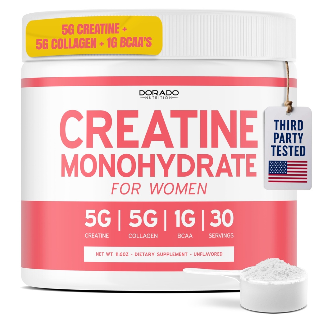 Kreatyna dla kobiet 124; Monowodny proszek kredowy 5G + 5000mg Kolagen + 1000mg BCAA 2: 1: 1 Proszek (30 Serving) Gluty wsparcia, Lean mięśnie, Odzysk, Energia i Stamina Non-GMO, Gluten Free - USA Made