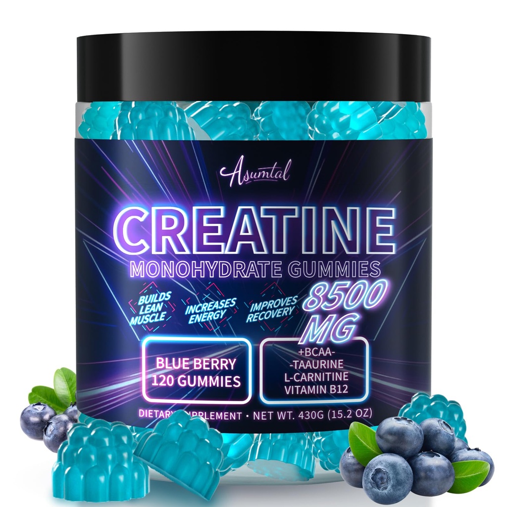 Monowodne Gummie Kreatywne Kompleks 8500 MG dla mężczyzn i kobiet, Monowodny Suplement Kreatywny dla Muscle Growth, Siła i Wsparcie Energetyczne, Gummie pre Workout 120 Hrabia Blueberry
