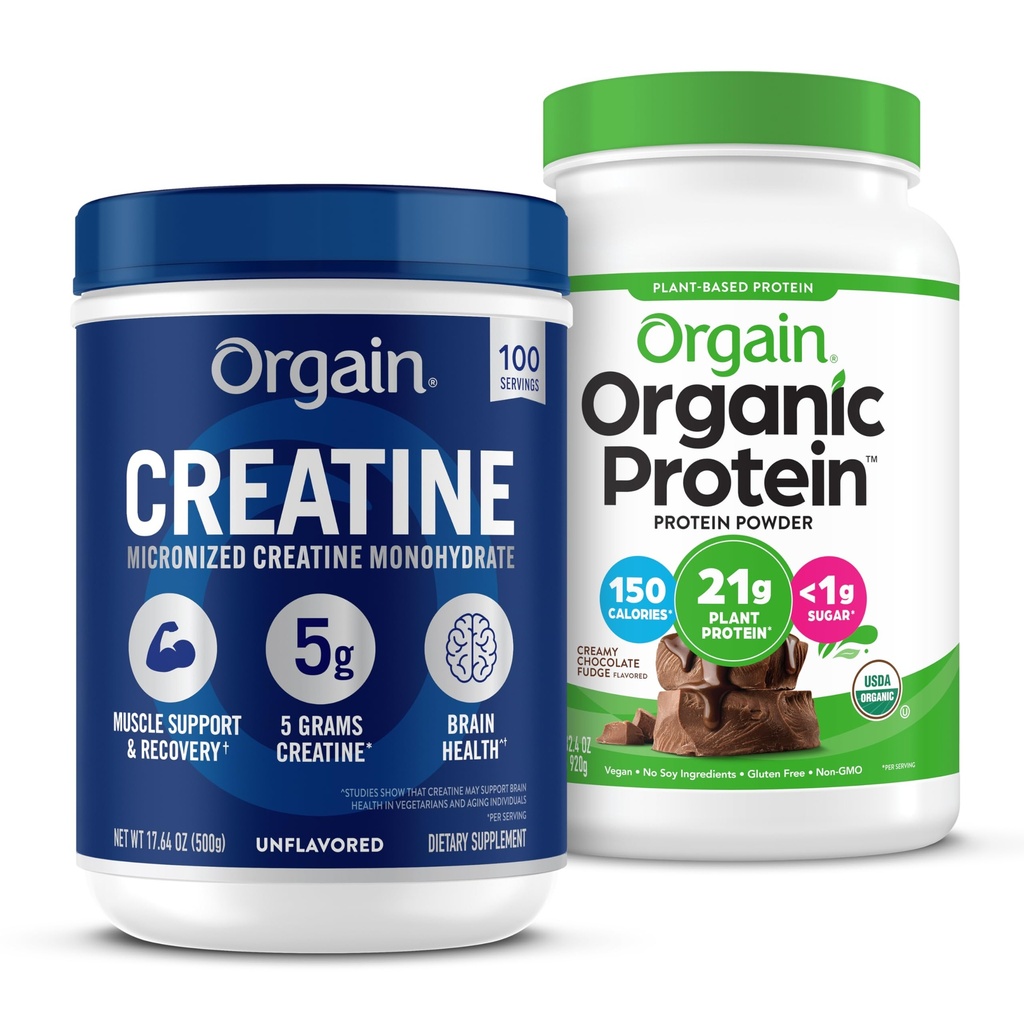 Orgain Kreatywny jednowodny proszek (17.64 Oz, 100 Servings) & Organiczny Wegański Czekoladowy Kudge Protein Powder (2.03 lb) Bundle - Białko oparte na plancie i wsparcie mięśni