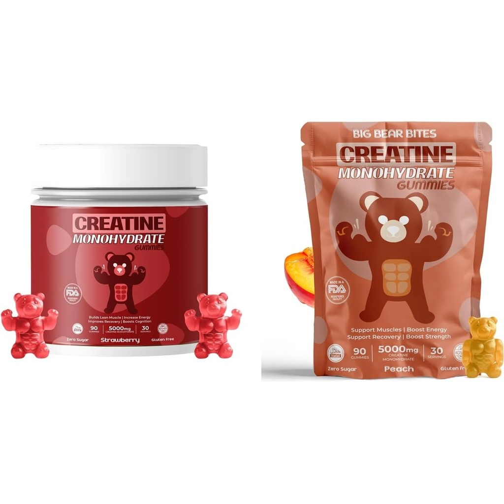 Jednowodzian Gummy Kreatyna Bundle - Truskawka i brzoskwinia 124; 5000mg Per Serving Gumbling 124; Cukier wolny, Gluten- Free & Halal Gumblies 124; 180 Gummies Razem (2 x 90 Hrabia) 124; dla mężczyzn i kobiet