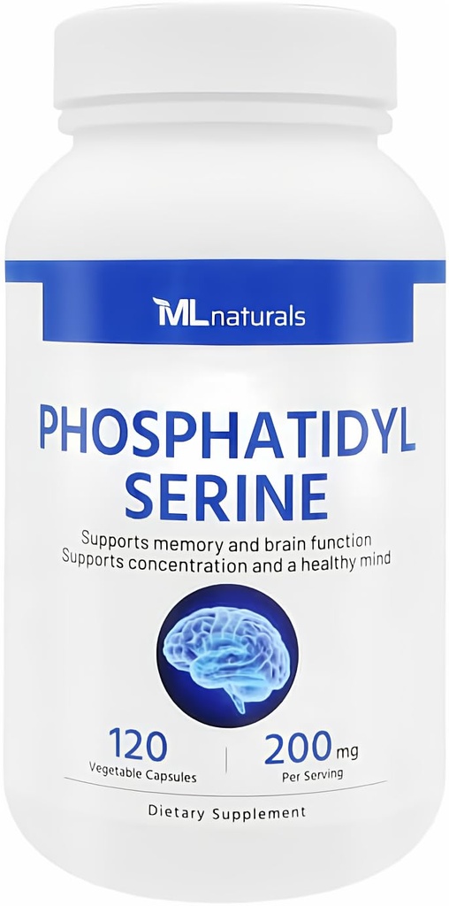 ML Naturals Fosfatydyl Serine 200 mg (Standard) 120 Kapsułki roślinne. Obsługuje funkcje pamięci i mózgu, Non-GMO, NSF- Certified & cGMP- Compliant