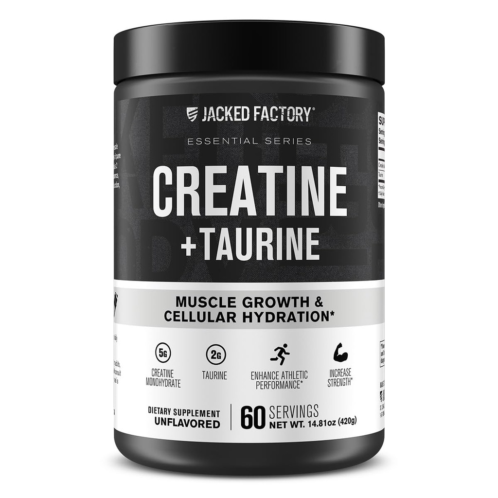 Jacked Factory Creatine + Tauryna - Monowodzian kreatyniny 5000mg z Tauryną 2000mg dla zwiększonej siły mięśniowej & Nawodnienie komórkowe - 60 Sług, Nieflawored