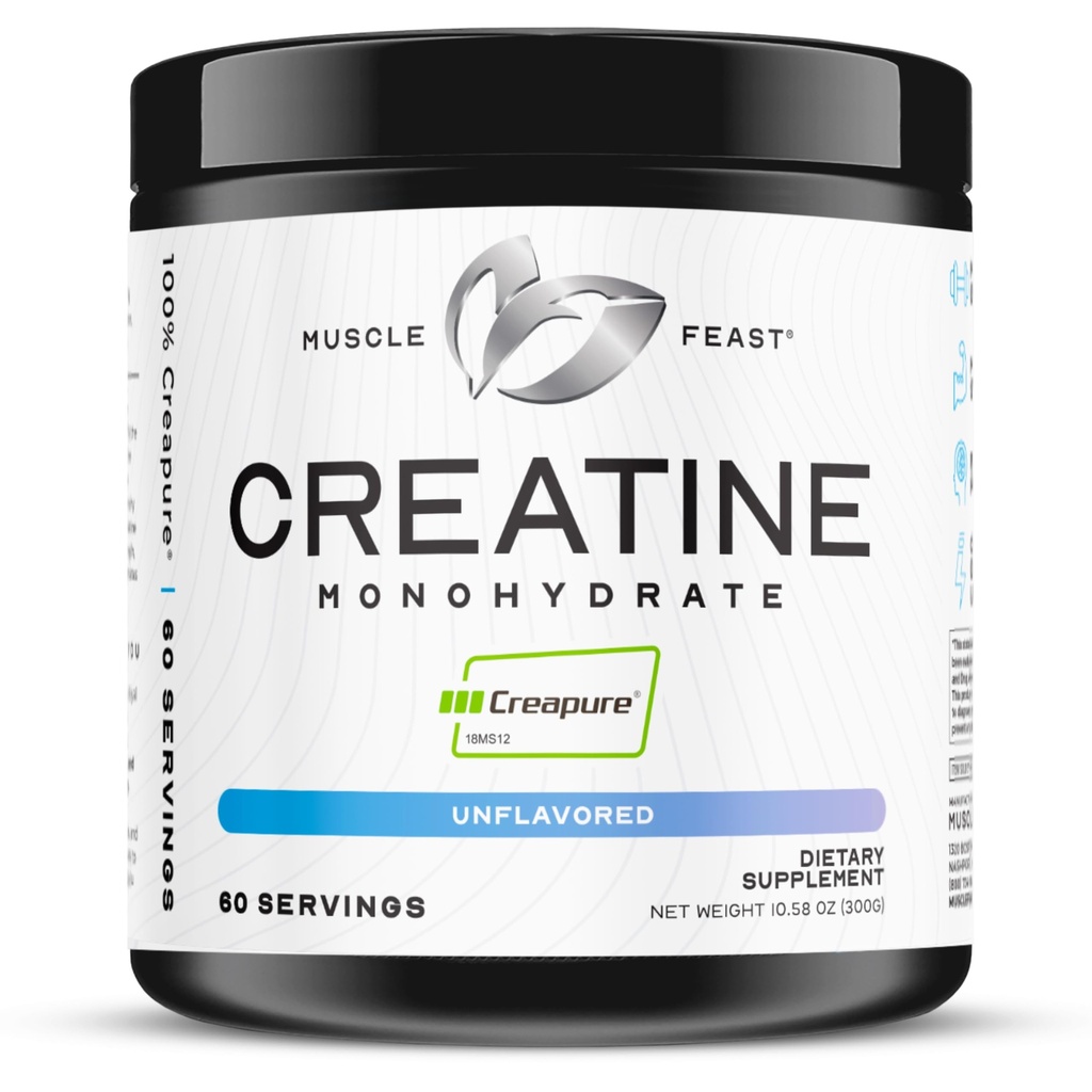 Mięśnie Uczta Creapure Stwórczy jednowodny proszek, Wegan Keto Przyjazny Gluten- Free, Mass Gainer, Muscle Recovery Supplement and Trusted Creatine for Muscle Growth, Skrzew kredowy, Unflavored, 300 g