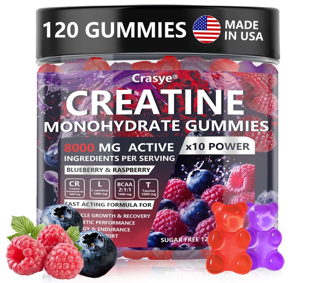 Monowodny Gummie Kreatyny Kompleks 8000 MG dla mężczyzn Kobiety, Gummy Kreatyny z Tauryne BCAA dla wsparcia energii i siły mięśni, Sugar Free Pre- Workout Suplement