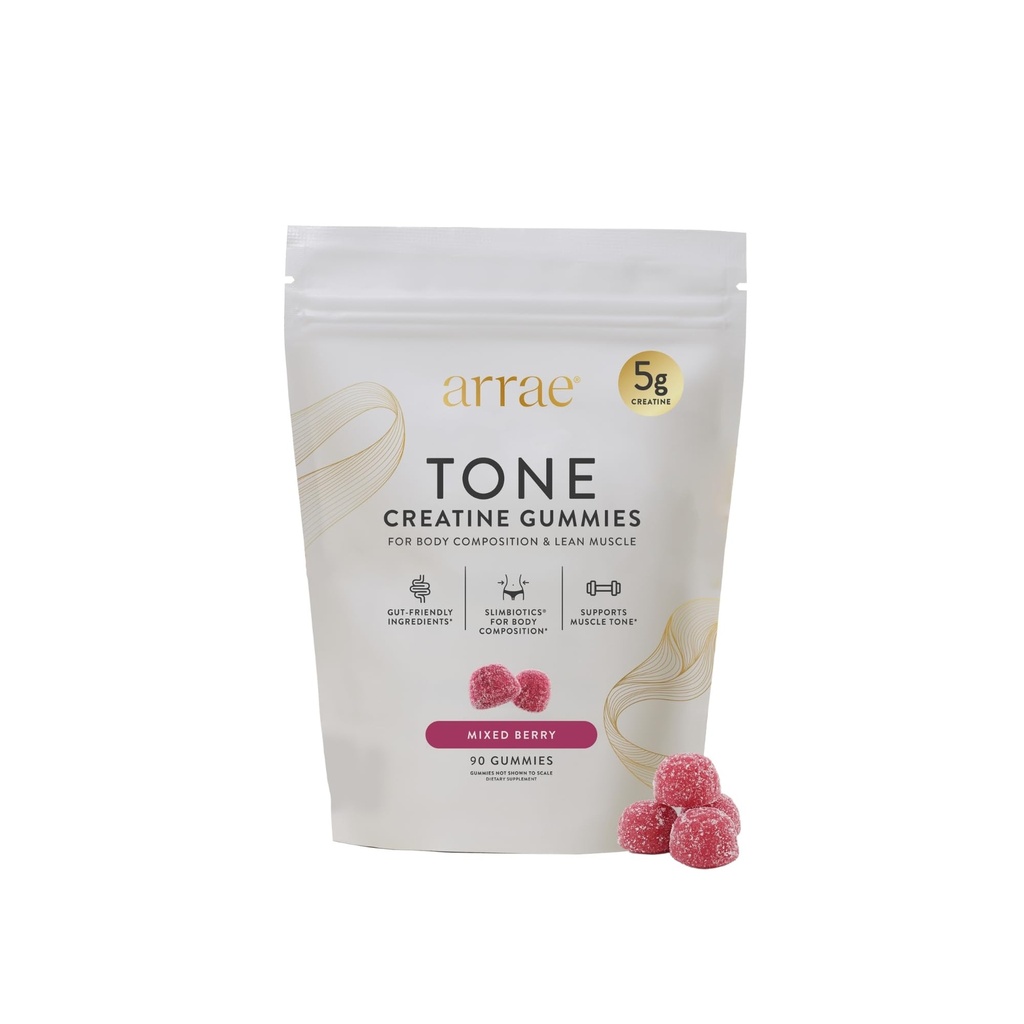Arrae Tone Gummies - Monowodny kreatryczny 5g dla kobiet - Support Lean Muscle, Siła & Odzysk - Przyjazny do hormonów suplement do tonizowania mięśni - Mieszany aromat jagodowy - 90 Count