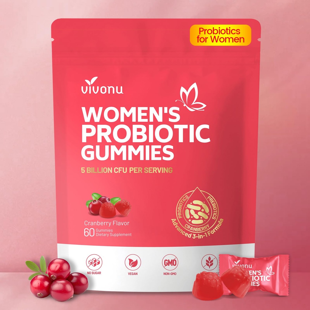 VivoNu Viginal Probiotics for Women, Women Probiotic Gummies, Feminine Balance Gummies, Prebiotic Gummy, Cranberry Probiotics for Woman Vaginal Health, Yeast Ph Balance Balance 124; 60 Gummies