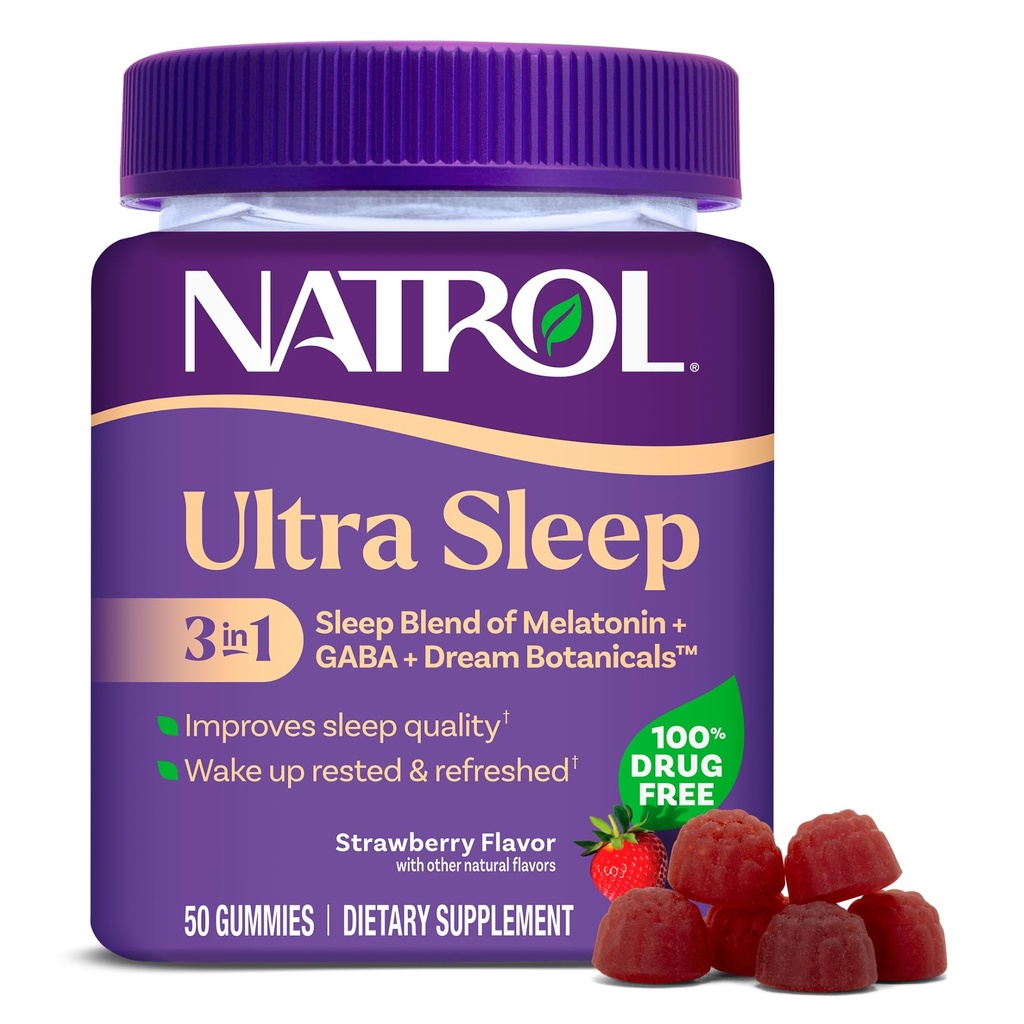 Natrol Ultra Sleep 3- in-1 100% Beznarkotykowy Mieszanka pomocy sennej z Melatoniną, GABA & Botanikami, Suplement diety, Non-Habit Forming, 50 Gummies