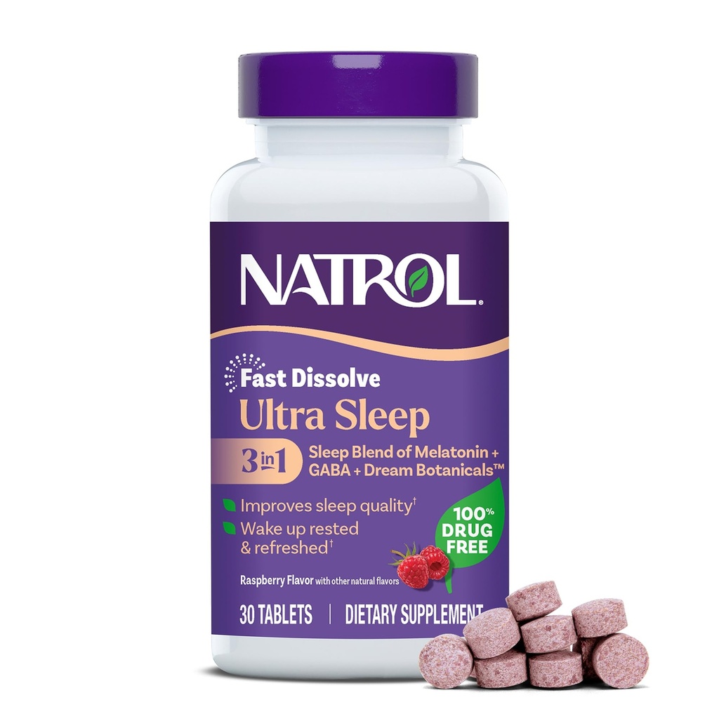 Natrol Ultra Sleep 3- in-1 100% Beznarkotykowy Mieszanka pomocy sennej z Melatoniną, GABA & Botanikami, Suplement diety, Non-Habit Forming, 30 Szybko rozpuszczalne tabletki