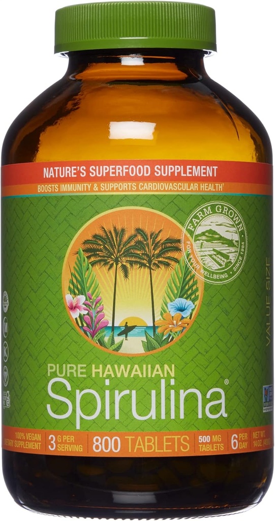 Nutrex Hawaje, Pure Hawaiian Spirulina 500 mg, Wegan, Wspomaga system immunologiczny, Serce, Komórki i Energia, 800 Tabletki
