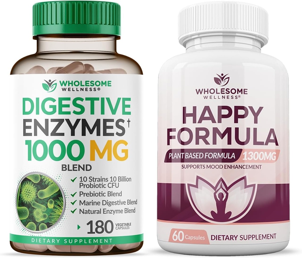 Zdrowy Wellness Digestive Enzymes 1000MG Plus Prebiotyki i suplement Probiotyki + Szczęśliwy Formuła Naturalny Stress Formuła Suplement Ulgi dla Kobiet i Mężczyzn
