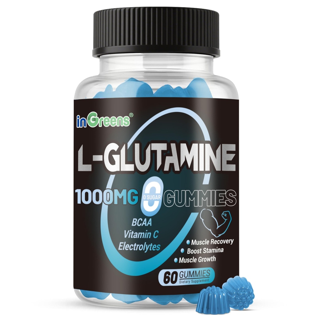 L-Glutamine Gummies 1000mg with BCAA, Potassium, Magnesium & Vitamin C, Muscle Recovery, Endurance Support & Daily Nutrition, Portable Supplement for Men＆Women, Lime Grapefruit Flavor, 60 Count