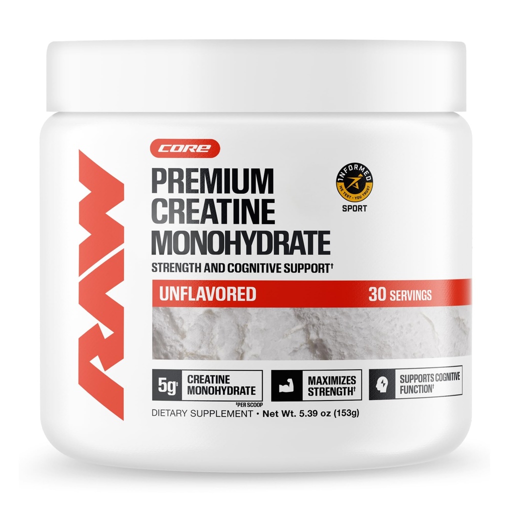 RAW Nutrition Creation Monhydrate Powder, Unflavored (30 Servings) - Mikronizowany Monowodny suplement do ćwiczeń, Budować mięśnie i siłę - Proszek dla kobiet i mężczyzn