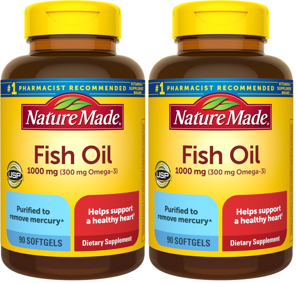 Nature Made Fish Oil Omega 3 Suplementy, 1000 mg Softgels, Omega 3 Fish Oil for Healthy Heart Support, 90 Softgels, 45 Day Supply (Pack of 2)