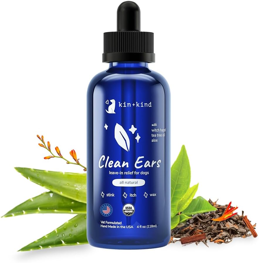 kin + rodzaj Dog Ear Cleaner Solution - Organic Dog Ear Wash & Easy- to- Użyj krople do uszu dla psów - Oczyszcza woskowe, brud i zapach - Delikatne czyszczenie ucha w / czarownica Hazel, Aloe Vera & Tea Tree Oil - Made in USA 4 fl oz