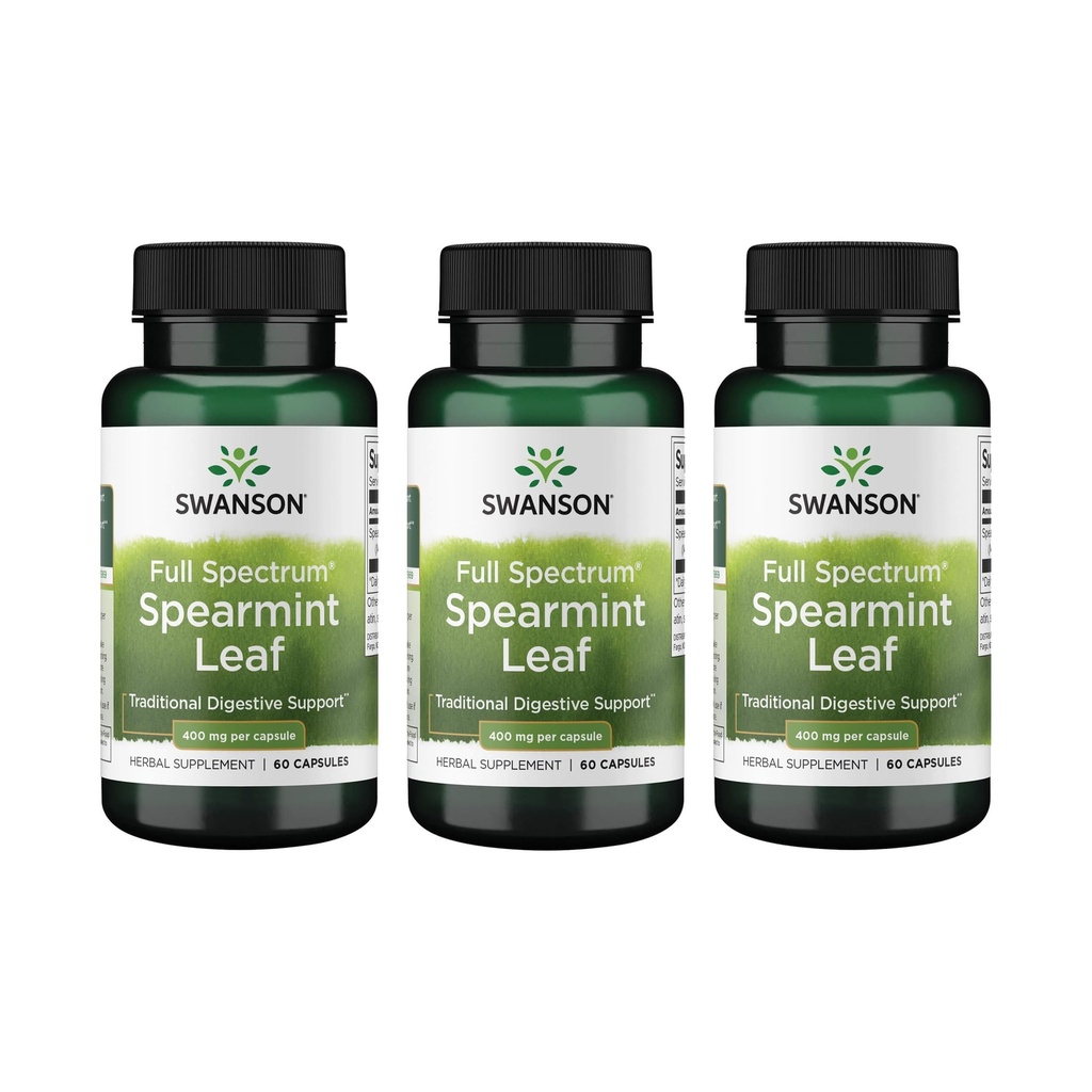 Swanson Spearmint Leaf (Mentha Spicata) -Full Spectrum Herbal Supplement Supplement supporting Digestive Health & Mild Stomach Issues - (60 kapsułek, 400mg każdy) 3 Pack