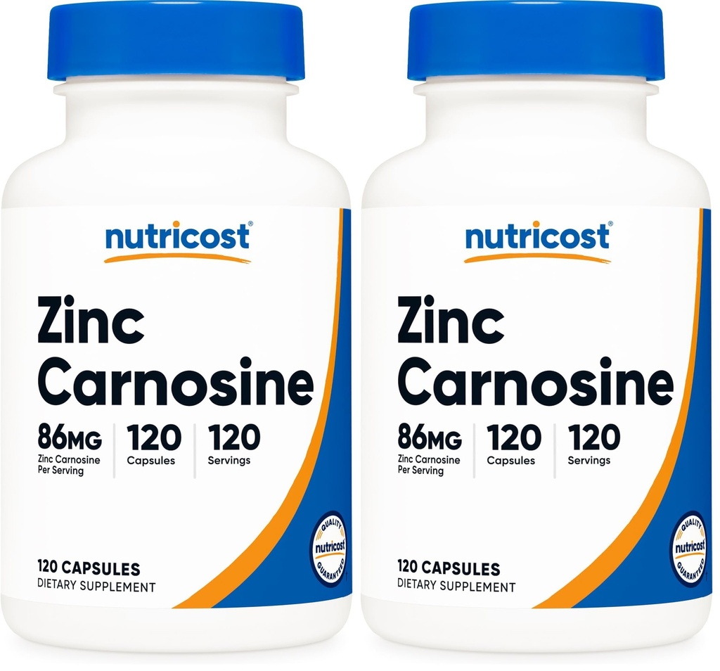 Nutricost Zinc Carnosine 86mg, 120 kapsułki - Non-GMO, Gluten Free, Cynk L- Carnosine Supplement (opakowanie po 2)