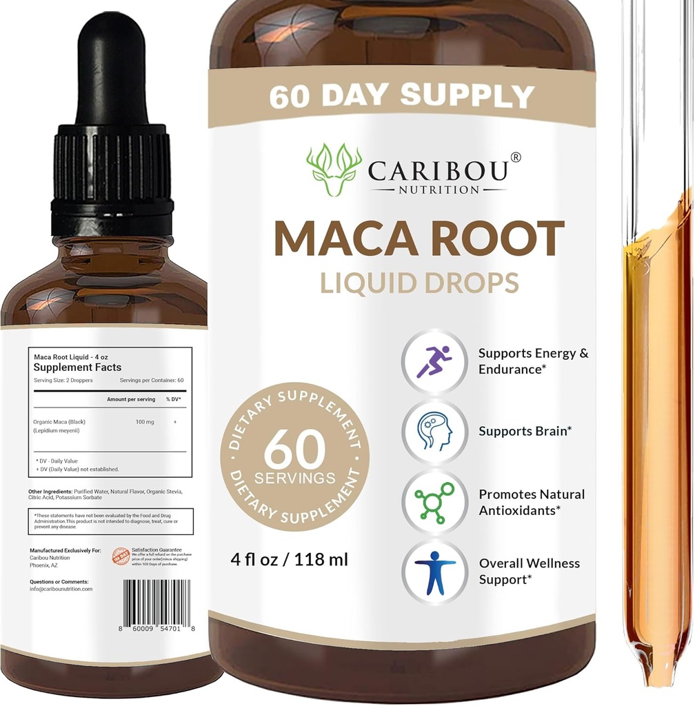Maca Root Liquid Drops: 124; Premium Organic Maca Root Extract: 124; Maca Supplement for Enhanced Mood & Vitality: 124; 60 Sług: 124; 4 Fl Oz