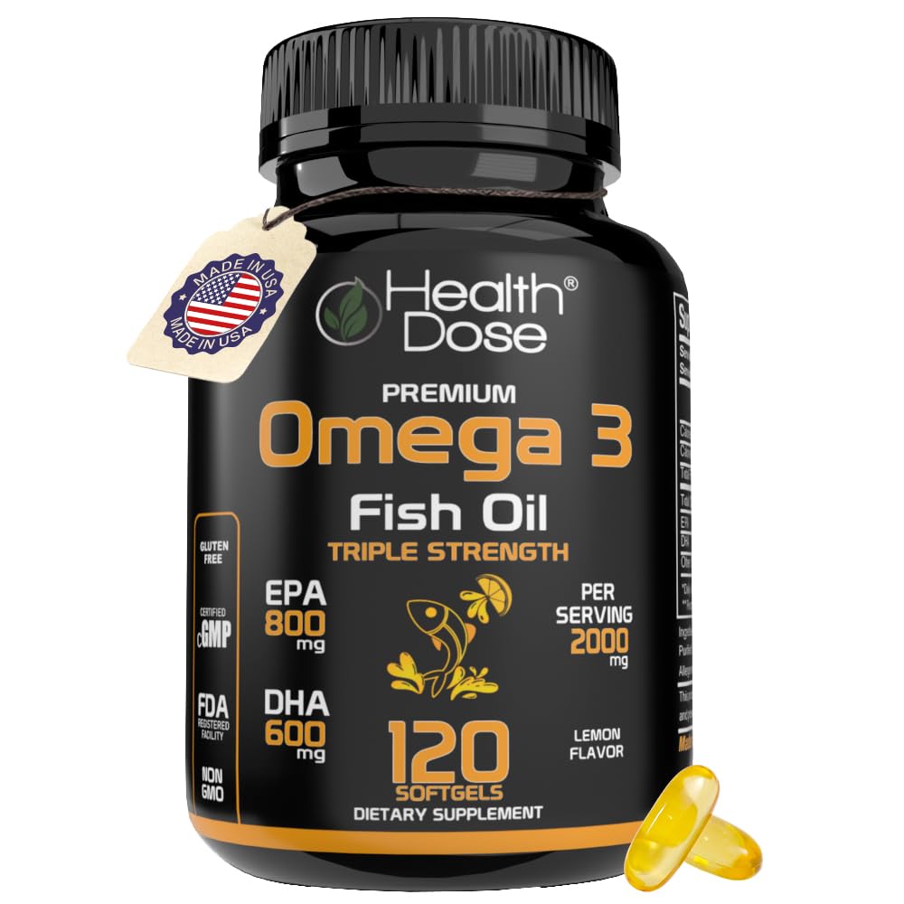 Dawka zdrowotna Omega 3 Fish Oil 2000mg - Lemon-Flavored Softgels z EPA 800mg & DHA 600mg dla mózgu, serca i Wellness Support - Easy- to- Digest, No Fish Burps - 120 Softgels, 2- Month Supply
