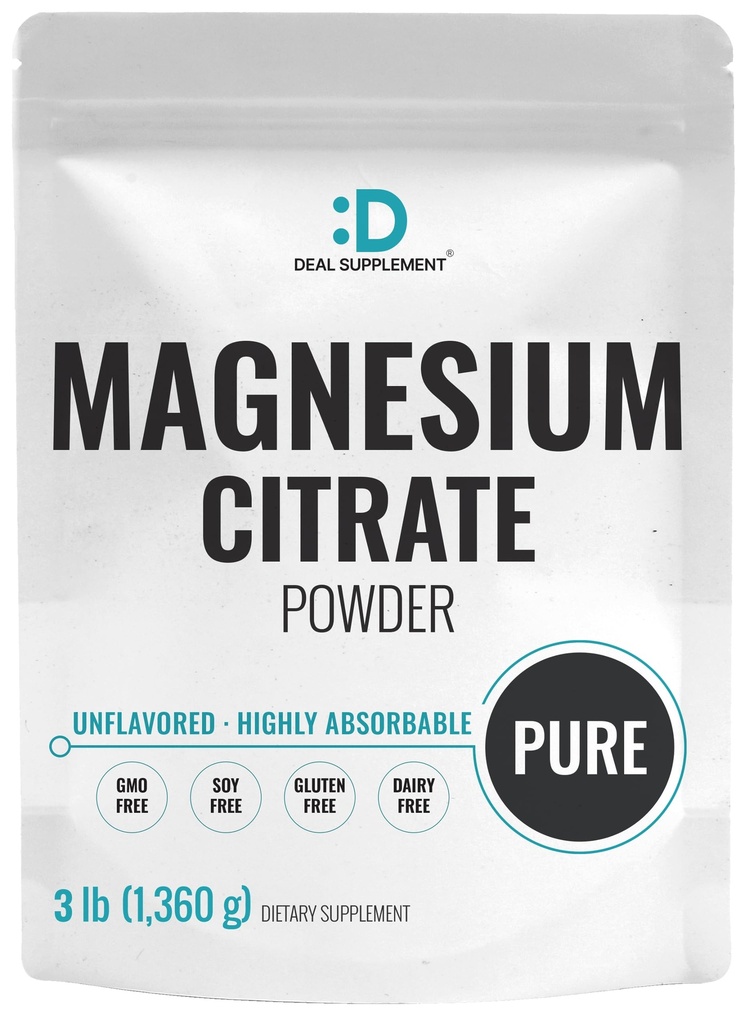 DEAL Supplement Magnezu Citrate Proszek 500 mg, 3lbs - Unflavored, Easy Absorbowane - Oczyszczona Ślad mineralny dla mięśni, Serca, & Wsparcie pokarmowe - Jeden dzień, Non-GMO, Filler Free