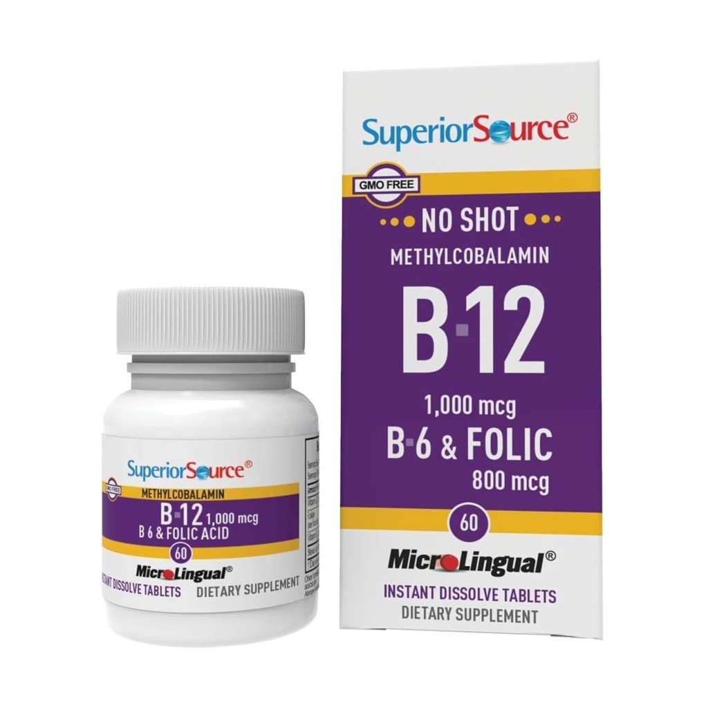 Superior Source No Shot Vitamin B-12 Methylcobalamin 1000 mcg, B-6 & Folic Acid 800 mcg - Supports Brain & Heart Health - Aids Natural Energy Levels - 60 Sublingual Dissolving Tablets