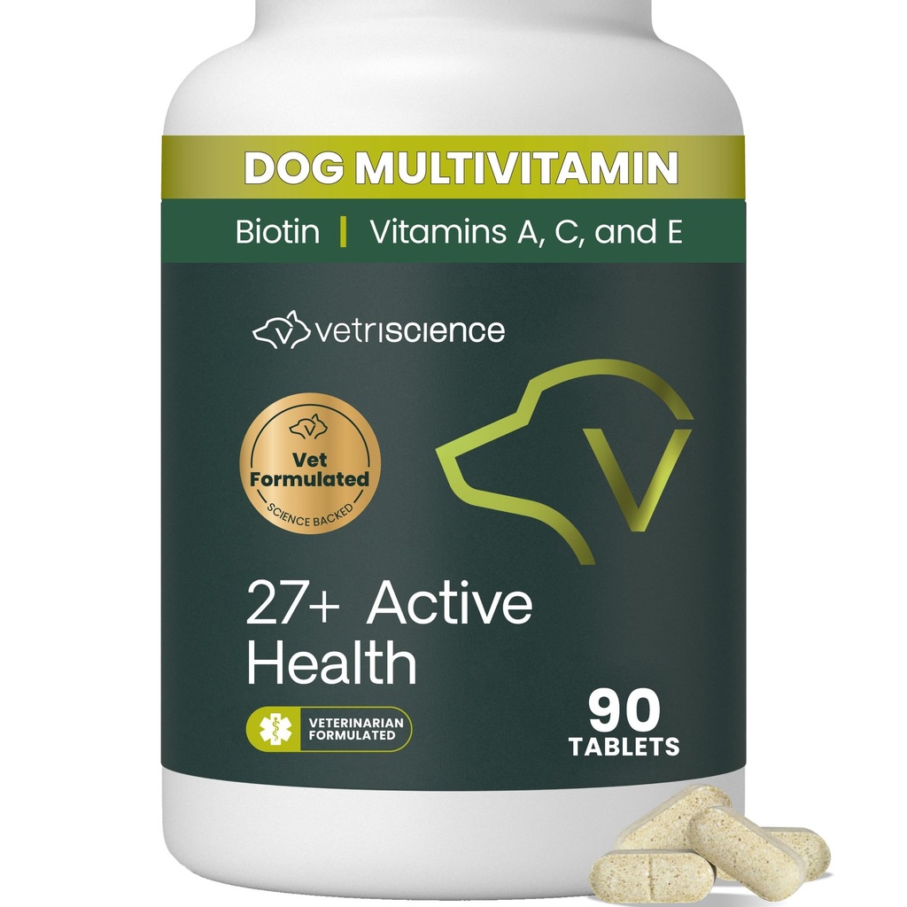 VetriScience 27 + Active Health Chewable Tablets, Psie Plus Codzienne Multivitamin dla szczeniąt i dorosłych psów, Zbalansowane witaminy, minerały i przeciwutleniacze, Zdrowie i Wellness Wsparcie, Kaczka, 90 Hrabia