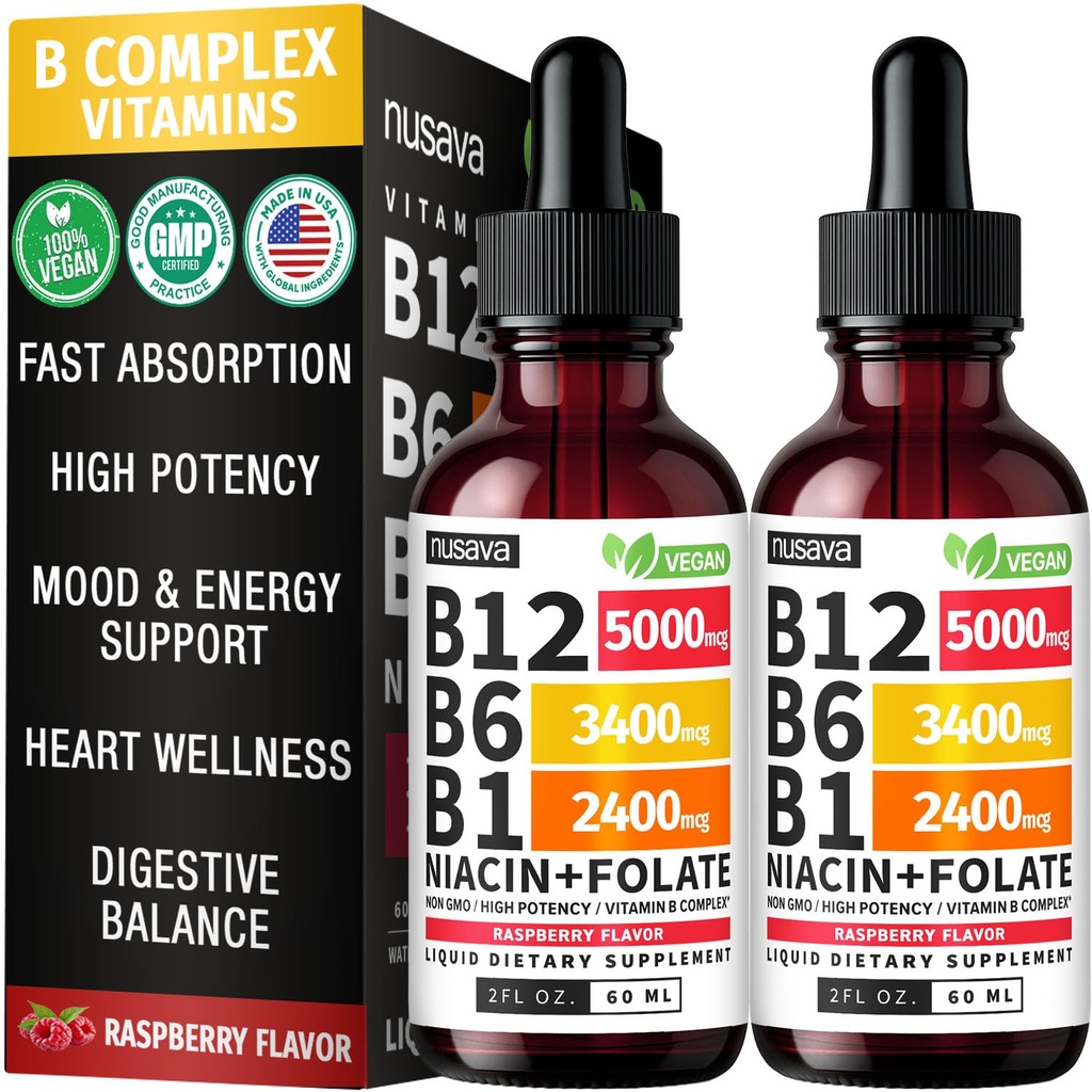 NUSAVA Vitamin B12 5000mcg with B6 & B1 Liquid Drops, Raspberry, Pack of 2