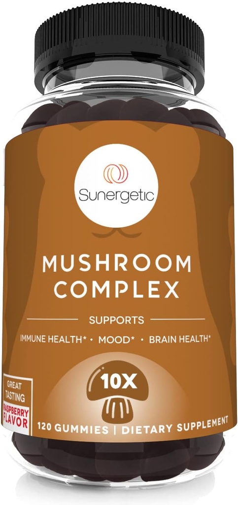 Sunergetic Premium Mushroom Gummies Supplement -for Immune Health, Brain, Mood & Stress Support - Mushroom Blend with Lions Mane, Chaga Extract, Reishi, Turkey Tail, Cordyceps (120 Gummies)