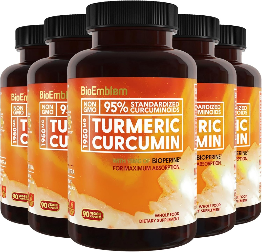 BioEmblem Kurkumina Kurkumina Suplement z BioPerine 124; Wspólne wsparcie i zdrowie serca 124; Organic Turmeric Powder & 95% Kurkuminoidy Ekstrakt 124; Kalifornia Made, Non-GMO, 150- Day Supply