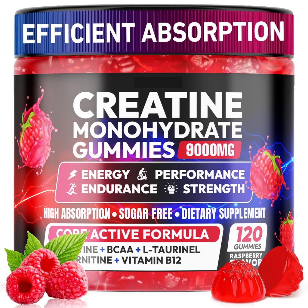 Gummie kreatynowe Monohydrat Complex 9000MG, Wstępne ćwiczenia dla mężczyzn i kobiet, Gummy kreatury z L- Tauryne, BCAA 2: 1, B12 / 6 dla wsparcia mięśni, Wzmocnienie siły, Zwiększenie energii - 120
