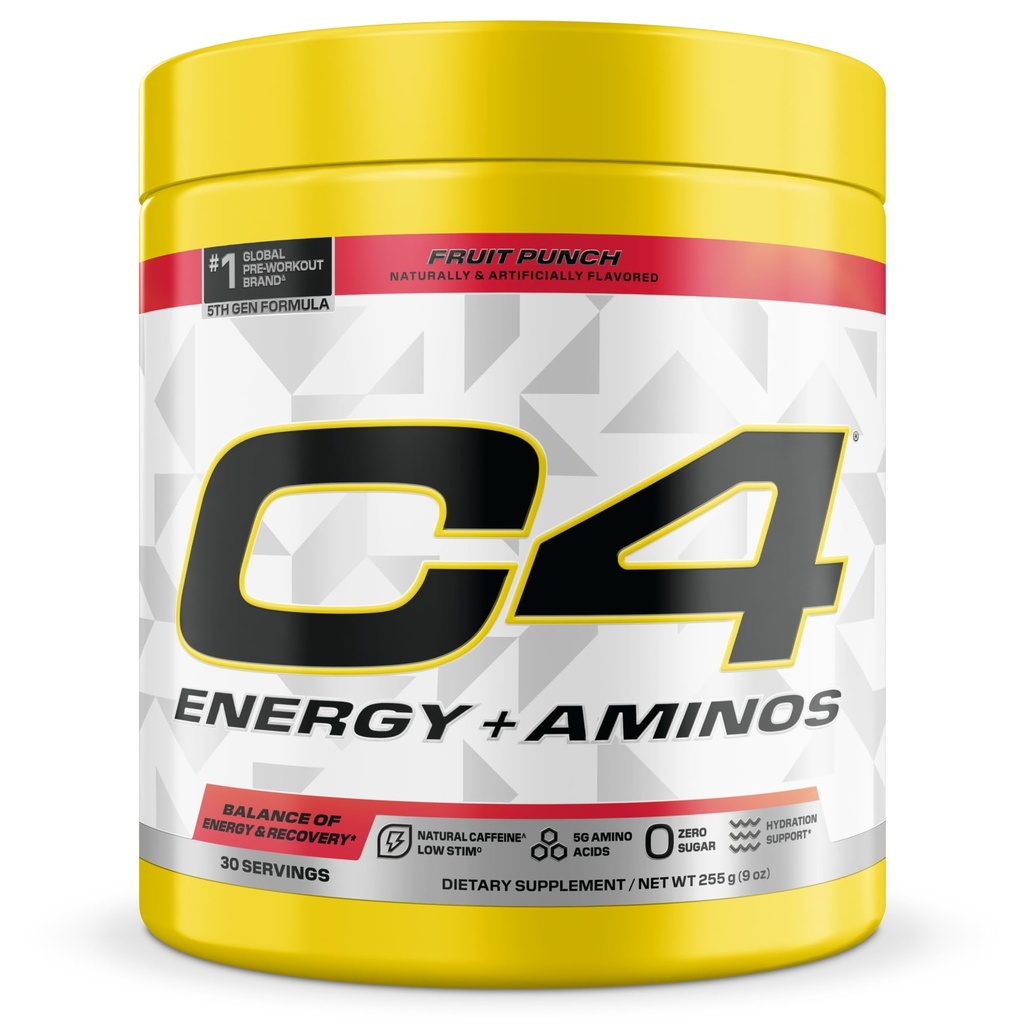 C4 Energia + Aminos w proszku, 5g BCAA & EAA do odzyskiwania mięśni, 3 elektrolity do nawadniania, 100mg naturalnej kofeiny, przed treningiem, zero cukru, 30 Służenia, owocowy Punch
