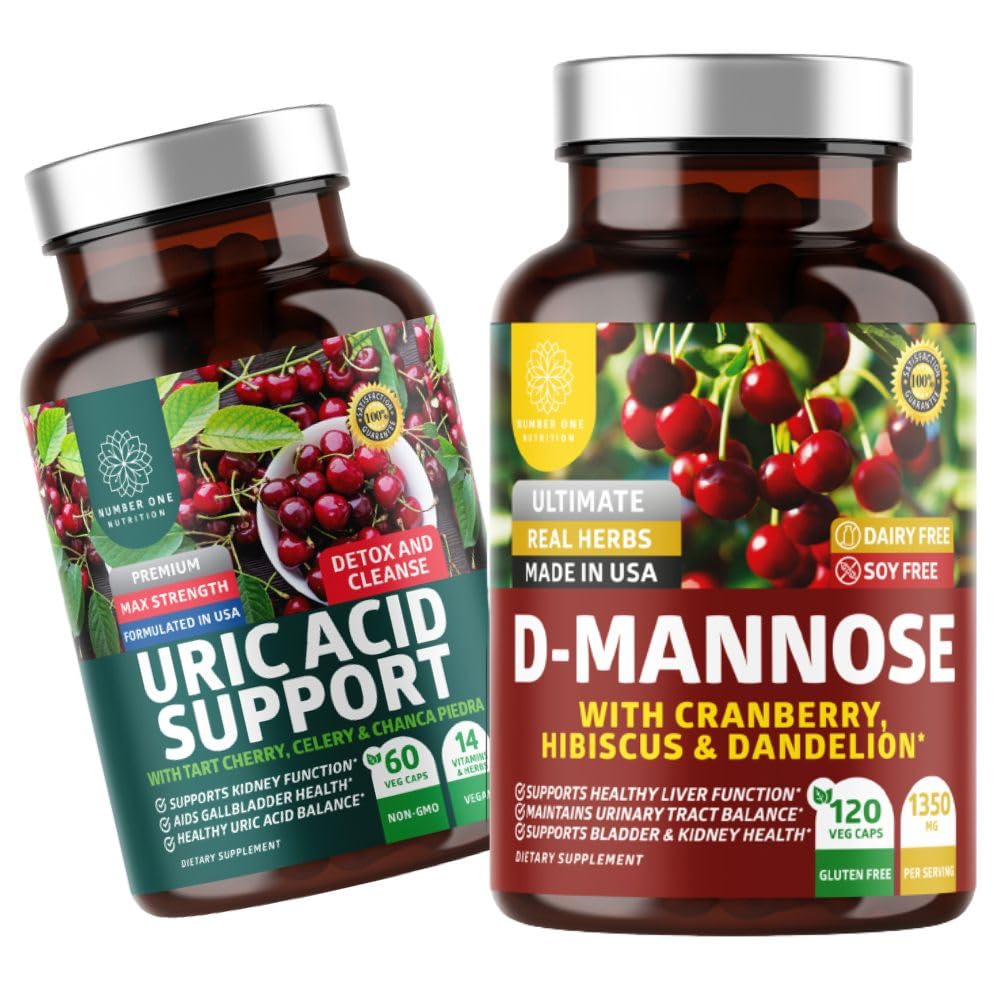 Number One Nutrition N1N Premium D- Mannose z żurawinem i Hibiscus [1350mg], 120 Kapsułki i wsparcie kwasu moczowego z 14 Pothent Herbs, 60 Kapsułki, 2 Pack Bundle