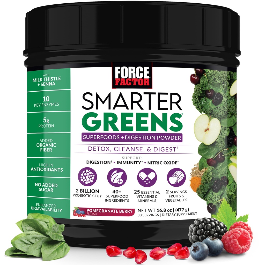 Force Factor Smarter Greens Superfoods Proszek do wspomagania trawienia, Gut Health, Bloating, Zielone Proszek z probiotyki, Prebiotyki, Enzymy trawienne, & Adaptogens, Pomegranat Berry, 30 Słupki