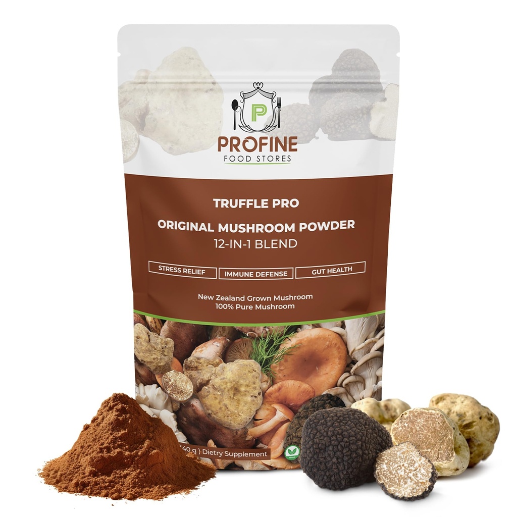 PROFINE Trufle PRO Grzyb w proszku 12- w - 1 Super Mieszanka z Black Trufle i White Trufle - USDA Organic - Suplement - Dodaj do kawy / herbaty / koktajli - Cały Grzyby - Brak wypełniaczy