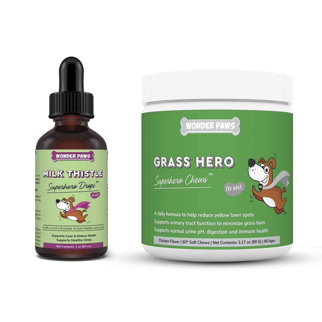 WONDER PAWS Mleko Thistle Drops Plus Grass Hero Soft Chews - dla psów Wątroba i Nerki Wsparcie, Detox & Trakt moczowy Zdrowie - Mleko Tistle 2 Ounces - Grass Hero 60 Chews
