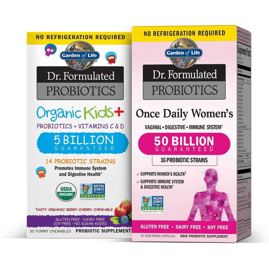 Garden of Life Children & Women Probiotic Bundle: Dr. Formulated Kids+ Berry Cherry Probiotics 5 Billion CFU – 30 Chewables + Once Daily Women’s Probiotics 50 Billion CFU - 30 Capsules, Shelf Stable