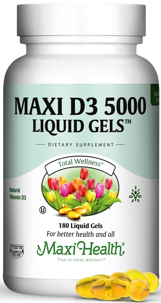 Maxi Health D3 5000 żele płynne - Naturalna witamina D3 - Suplement odżywczy - 180 Kapsułki - Kosher