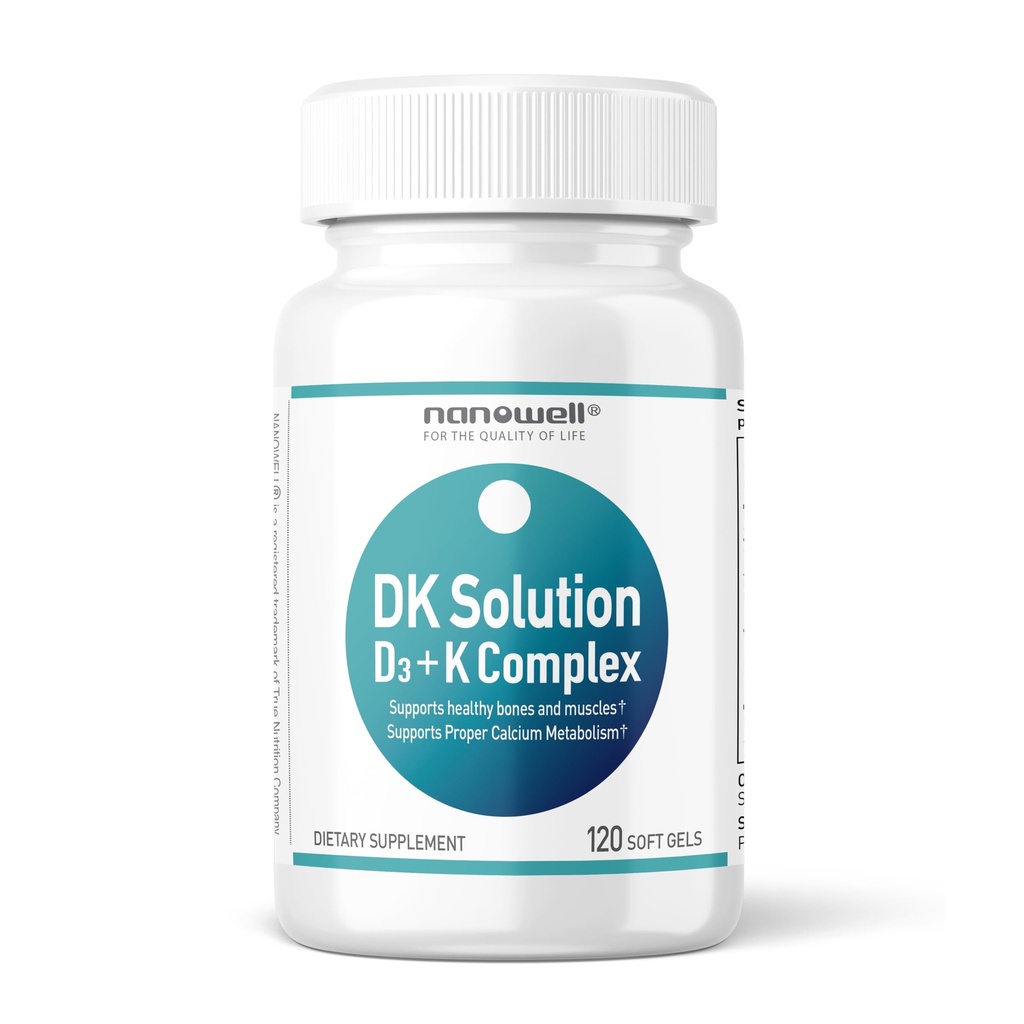 NANOWELL DK Solution Witamina D3 2000 IU (50 μg) + K Complex - Suplement diety dla wsparcia zdrowia kości, mięśni i immunologicznego - 120 Softgels, 120 Day Supply