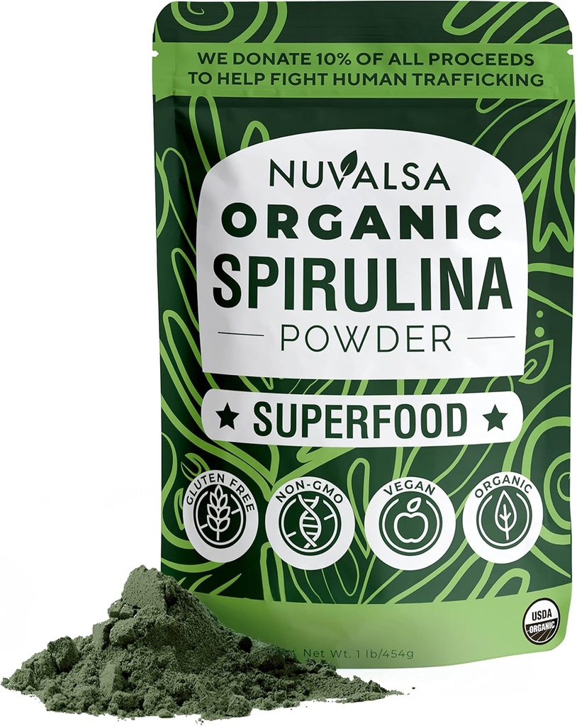Nuvalsa Organic Spirulina Powder 1lb – 100% Pure Superfood Supplement from Blue Green Algae Non GMO for Smoothie & Protein Drink, Vegan & USDA Certified Organic - 100 Servings