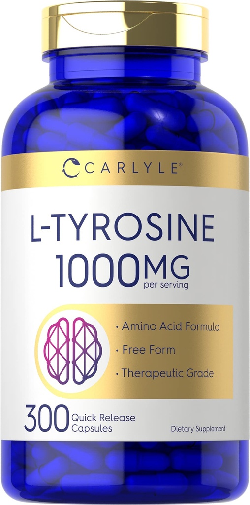 Carlyle L Tyrosine kapsułki 1000mg kapsułki 124; 300 Hrabiego 124; Stopień terapeutyczny kapsułki 124; dla mężczyzn i kobiet 124; Non- GMO & Gluten