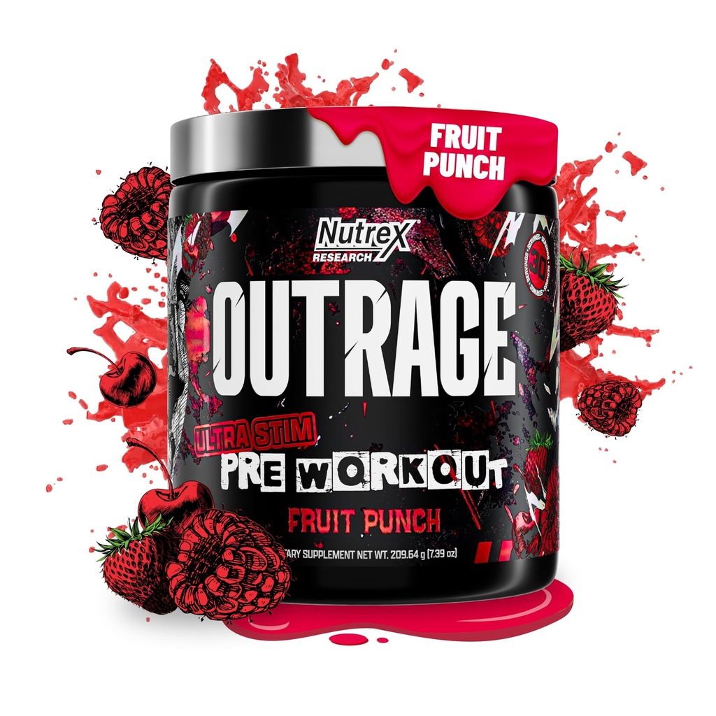 Outrage Ultra HIGH STIM Pre-Workout Powder for Men Fruit Punch | 400mg Caffeine, L-Citrulline, Beta-Alanine, Creatine | Extreme Energy, Focus, Strength & Endurance | 30 Servings